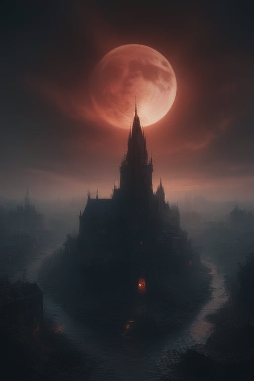 The city of yharnam, oil painting, Red moon, realistic, extreme detail, scary, terrifying, dark and warm environment, 8k, Epic, (Use Dream Diffusion Secret Prompt), UHD