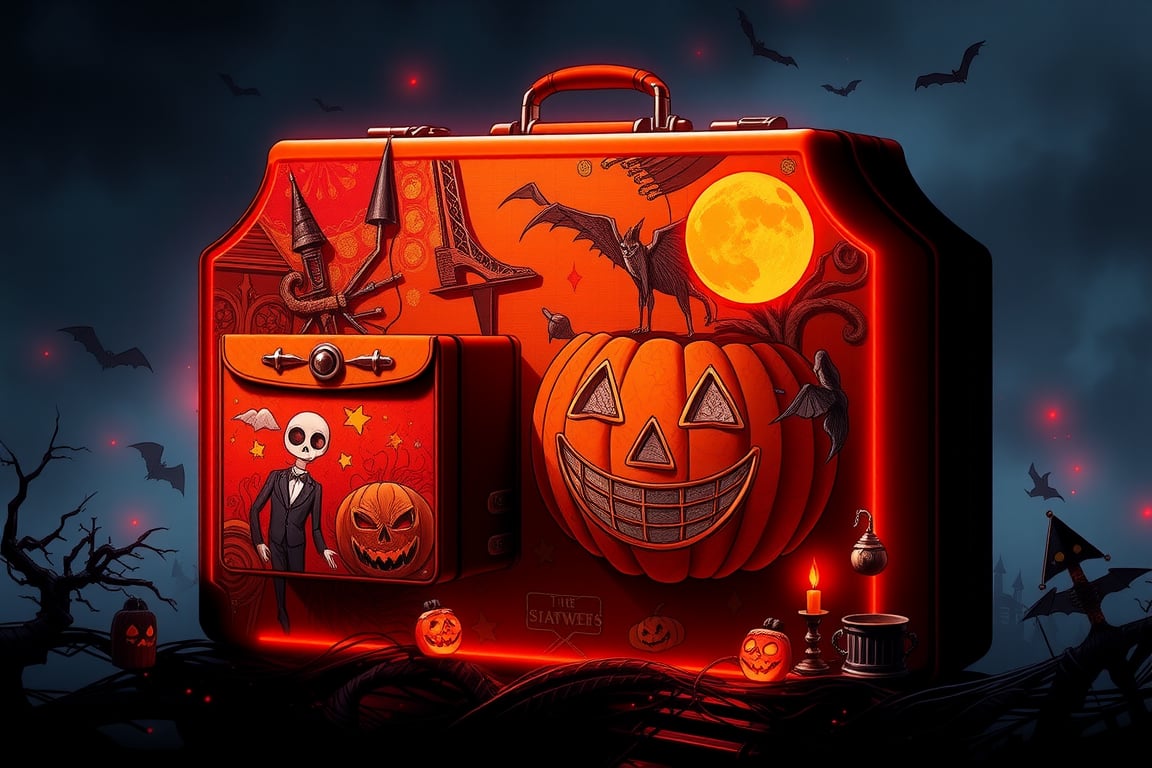 RAW Photo of HalloweenGlowStyle Orange Suitcase, (Masterpiece:1.3) (best quality:1.2) (high quality:1.1)