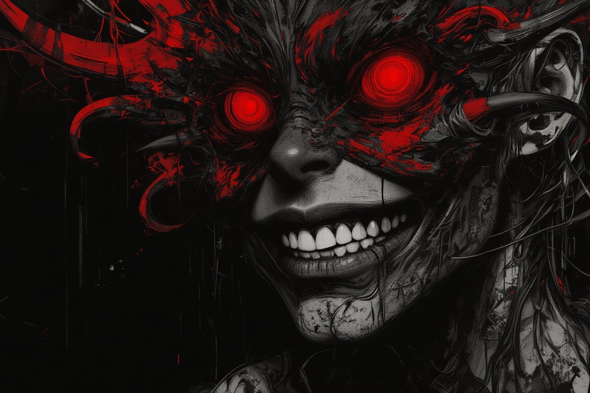 ((masterpiece,  best quality)),  solo solo red eyes 1boy monochrome male focus teeth no humans glowing glowing eyes spot c...