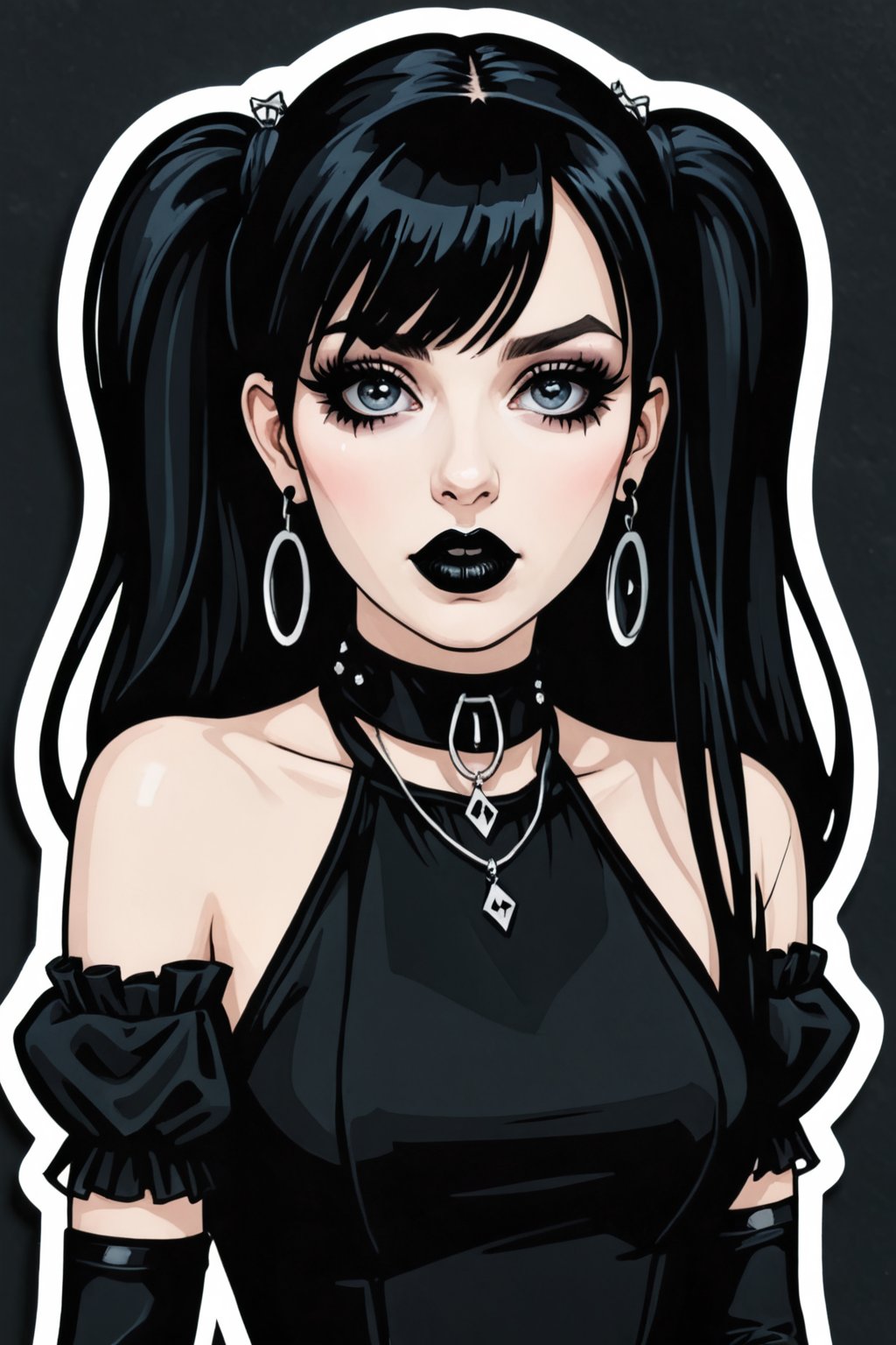 sticker_layout, bust, goth girl, long black hair, bangs hair, black lipstick, hoop earing, choker, black dress,