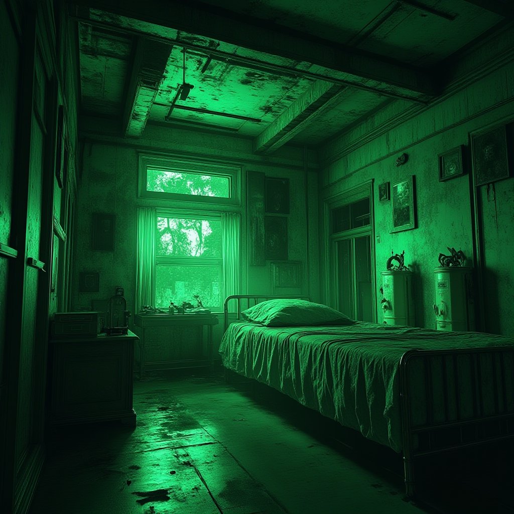 "A spine-chilling illustration of a terrifying 

, halloweentech , scifi,  supernatural green, spooky,
futuristic bedroom
(masterpiece, best quality, official art, extremely detailed CG unity 8k wallpaper, absurdres, 8k resolution, Cinematic Lighting)."