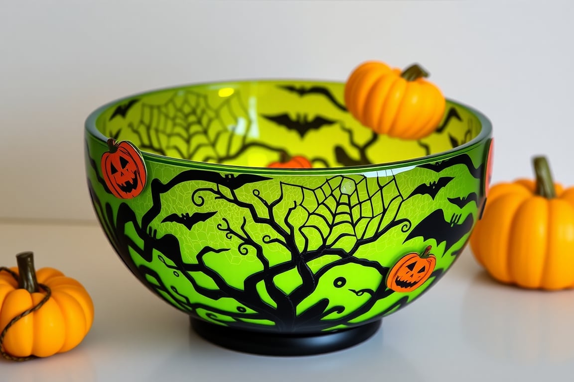 RAW Photo of HalloweenGlowStyle Green decorative bowl, (Masterpiece:1.3) (best quality:1.2) (high quality:1.1)