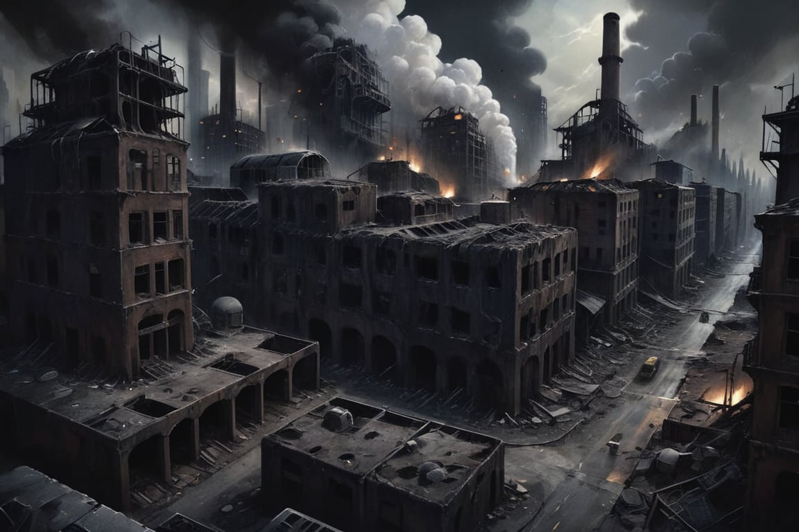 apocalyptic city, bird's eye view, giant factories and buildings are destroyed, everything is contaminated with radiation, civilization is destroyed, dark, sewer, melancholic, bold pencil outline, professional art, high detail, intricate detail, high resolution, steam