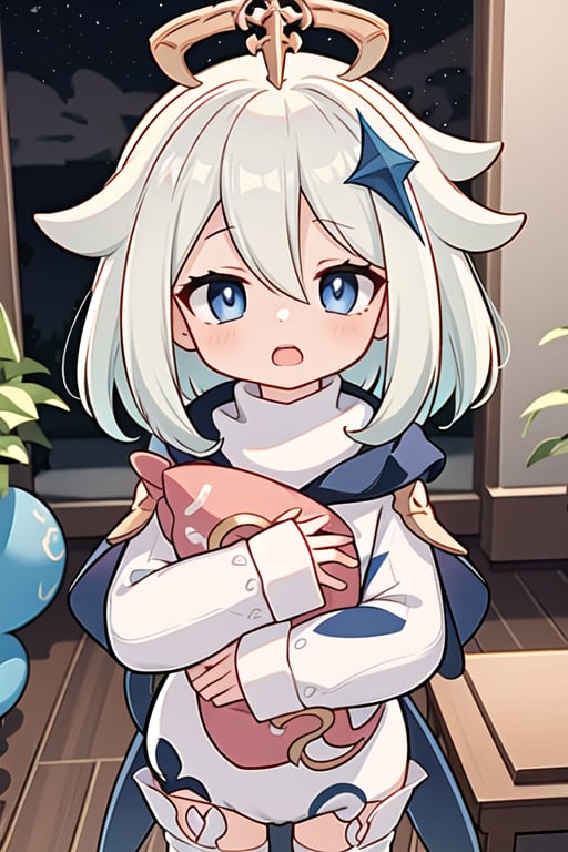 paimon_genshin, childhood,short white hair,blue eyes, open mouth, worried expression, white shirt, white long sleeves, hugging white pillow, night room background,too scared to sleep