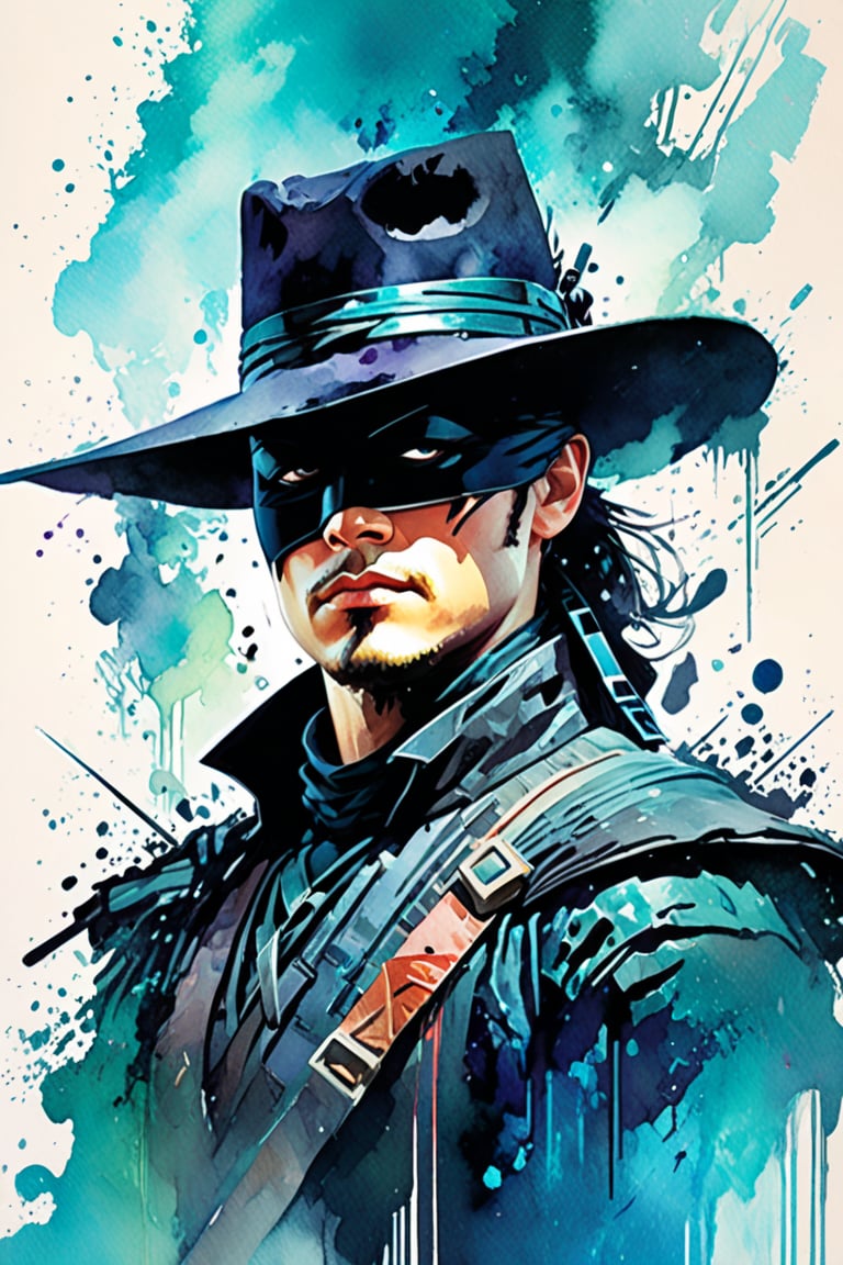 Zorro ,iconographic, glitch background, , watercolor, ink, mist, interactive image, highly detailed, art style by Clayton Crain + Ross Tran + Rachel Walpole + Jeszika Le Vye + Dan Volbert + Simon Stalenhag + Brian Stelfreeze