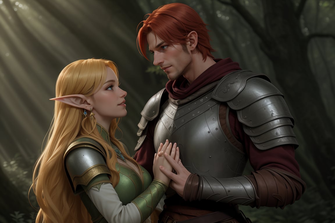 In a mystical forest glade,  an ethereal gold-blonde elf woman with piercing blue eyes stands tall,  her slender figure il...