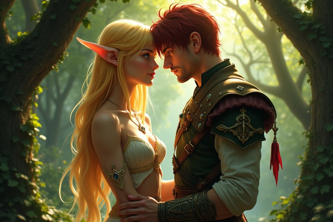In a mystical forest glade,  an ethereal gold-blonde elf woman with piercing blue eyes stands tall,  her slender figure il...