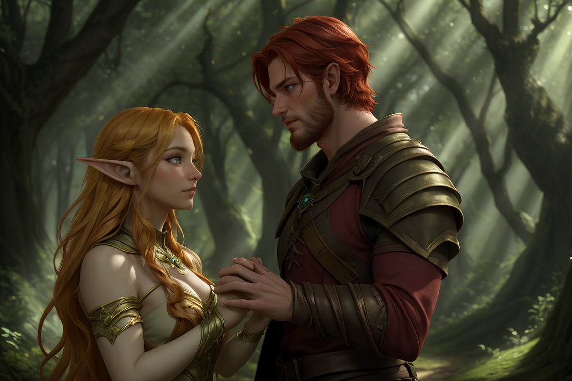 In a mystical forest glade,  an ethereal gold-blonde elf woman with piercing blue eyes stands tall,  her slender figure il...