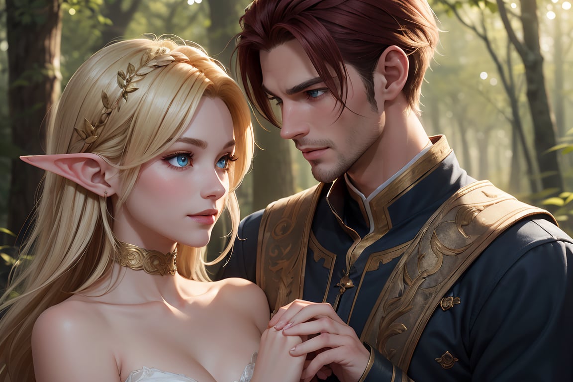 In a mystical forest glade,  an ethereal gold-blonde elf woman with beautiful blue eyes stands tall,  her slender figure i...