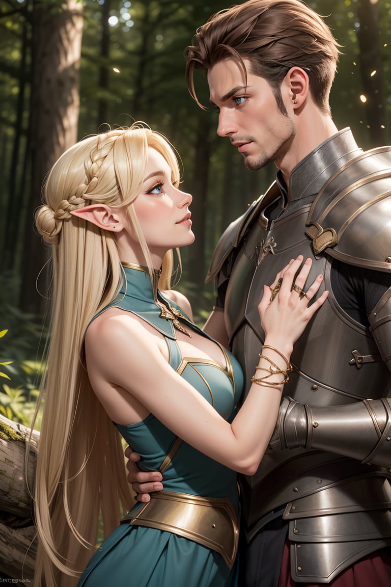 In a mystical forest glade,  an ethereal gold-blonde elf woman with piercing blue eyes stands tall,  her slender figure il...