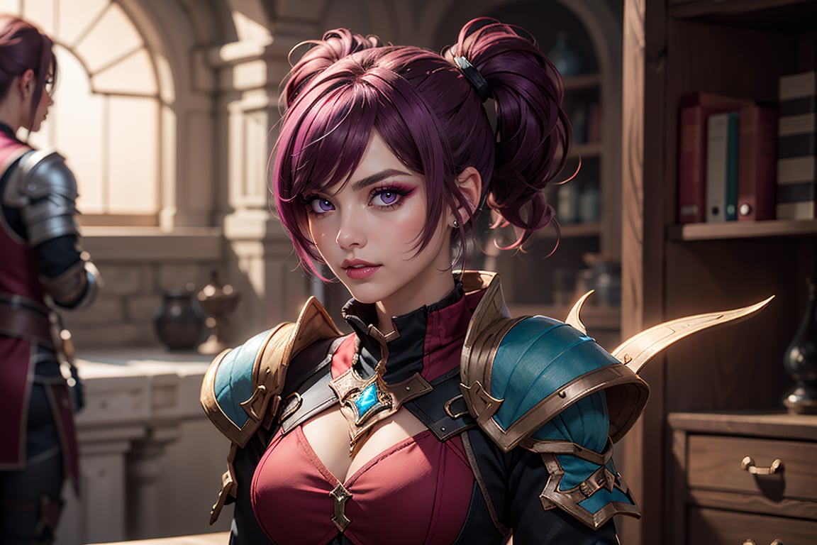 A Dwarf female character from Lineage II with dark-magenta hair in 2 ponytails and red-brown eyes. by Vai on Tensor.Art