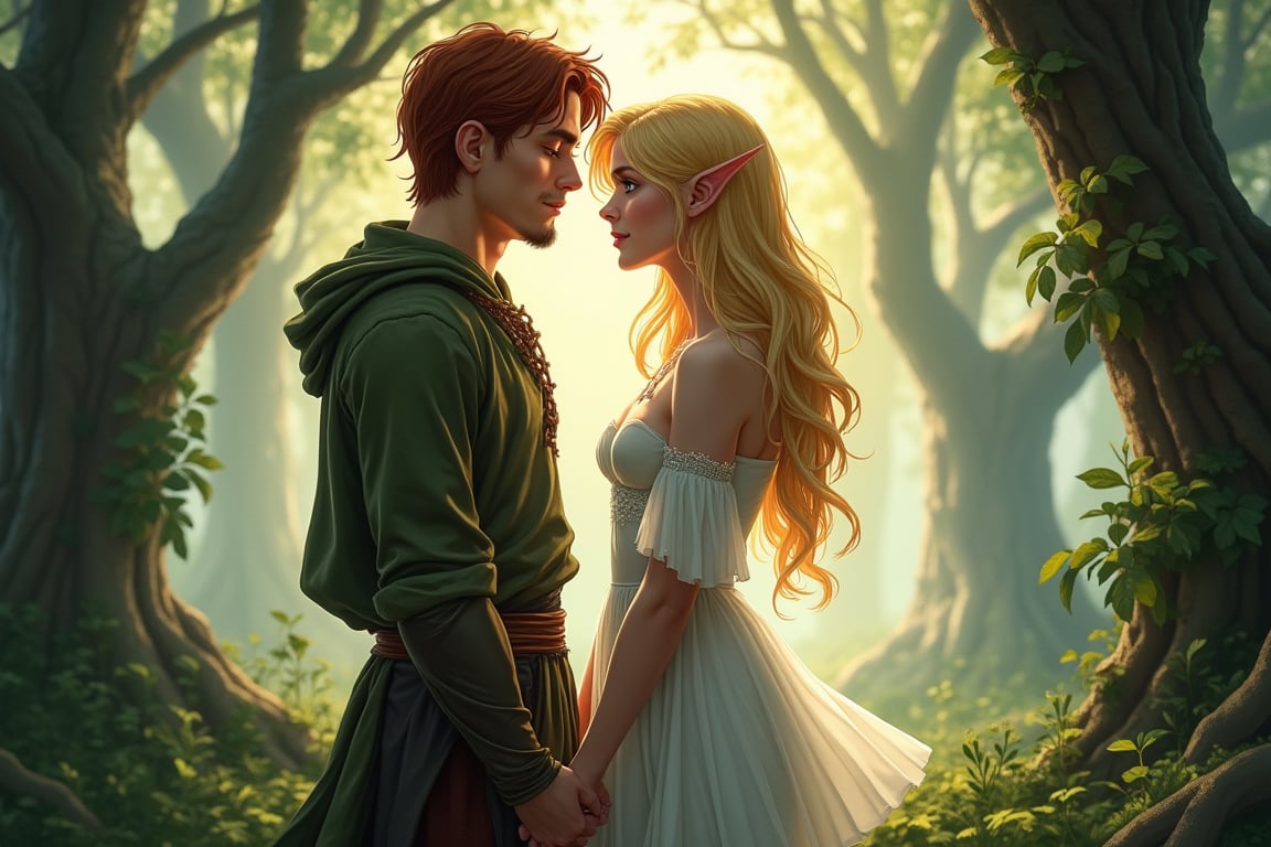 Realistic illustration: In a mystical forest glade,  an ethereal gold-blonde elf woman with piercing blue eyes stands tall...