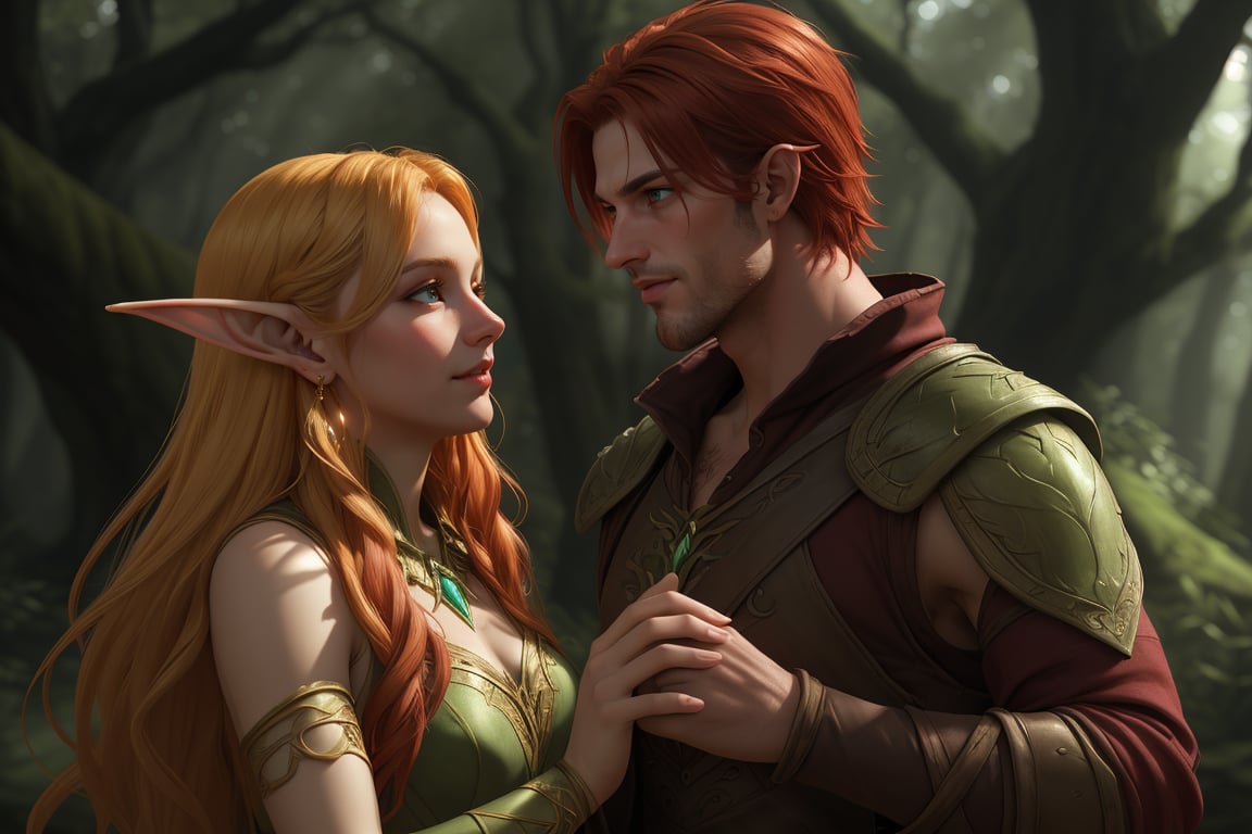 In a mystical forest glade,  an ethereal gold-blonde elf woman with piercing blue eyes stands tall,  her slender figure il...