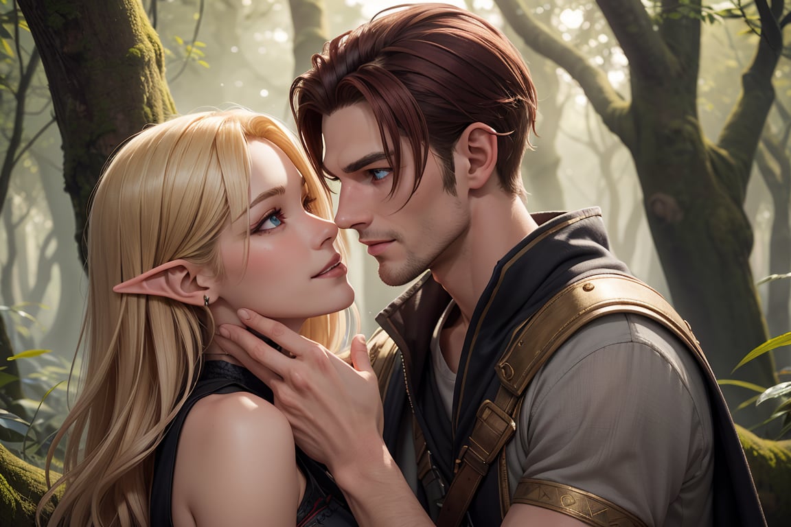 Realistic illustration: In a mystical forest glade,  an ethereal gold-blonde elf woman with piercing blue eyes stands tall...