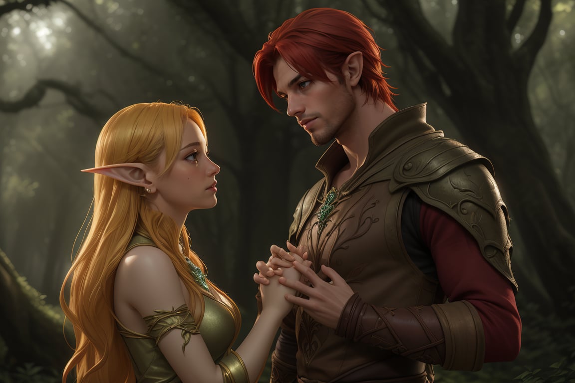 In a mystical forest glade,  an ethereal gold-blonde elf woman with piercing blue eyes stands tall,  her slender figure il...