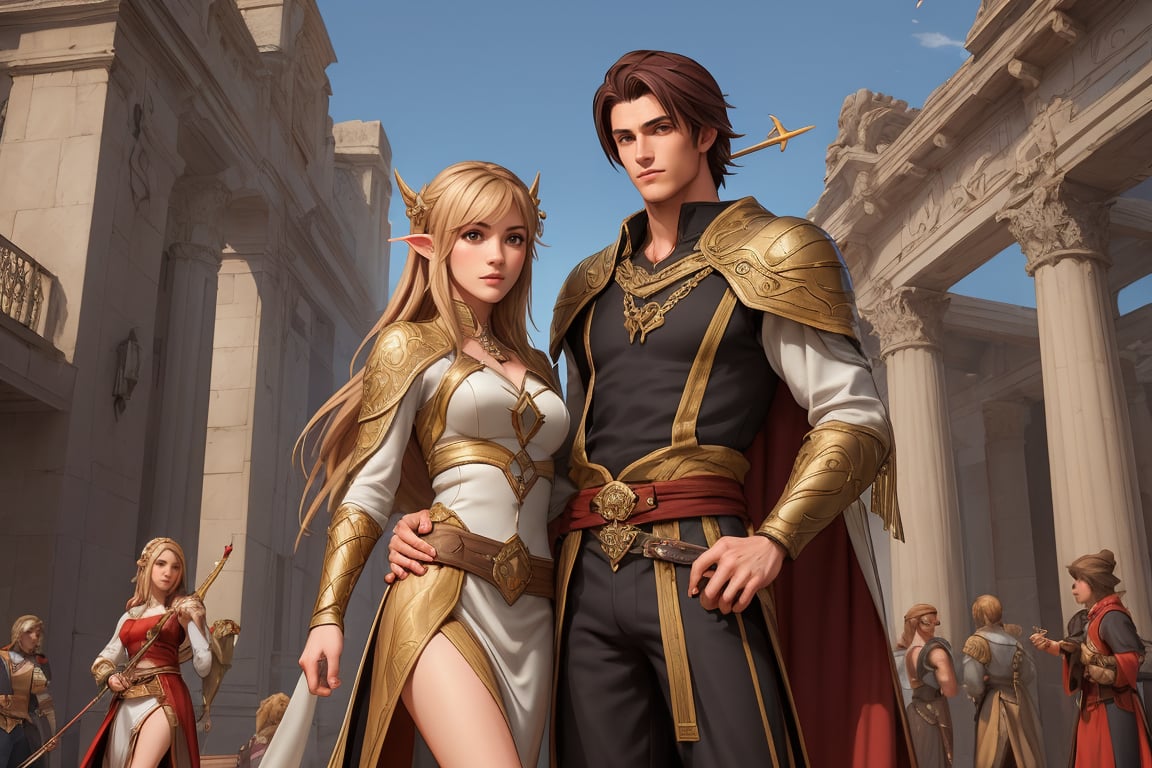 American plane. Show a  young, cute, blonde, light elf archer woman and a red-dark-haired, tall, strong, handsome human male. Both in the style of the game Lineage II,renaissance,MUGODDESS