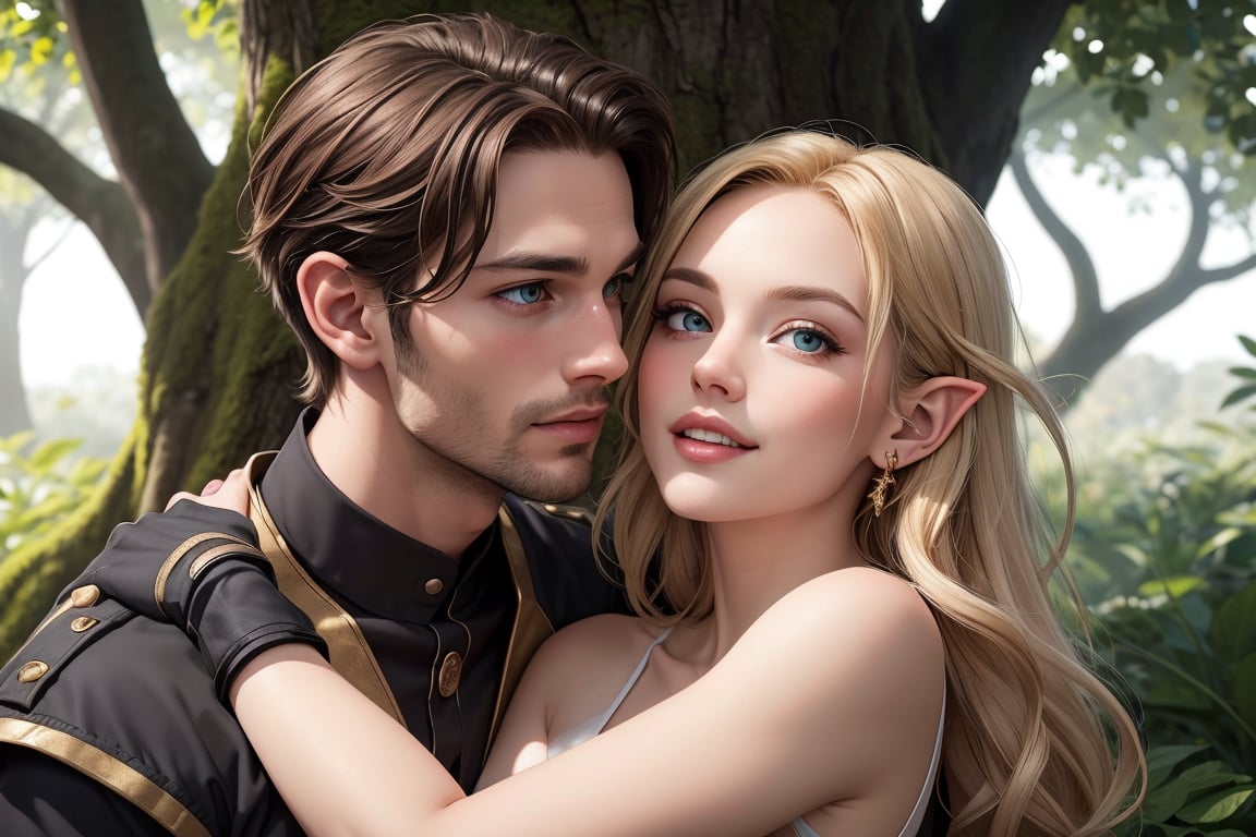 Realistic illustration: In a mystical forest glade,  an ethereal gold-blonde elf woman with piercing blue eyes stands tall...