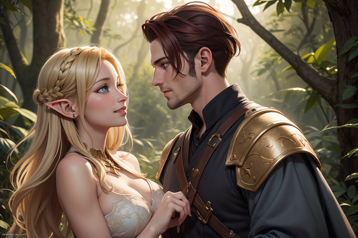 Realistic illustration: In a mystical forest glade,  an ethereal gold-blonde elf woman with piercing blue eyes stands tall...