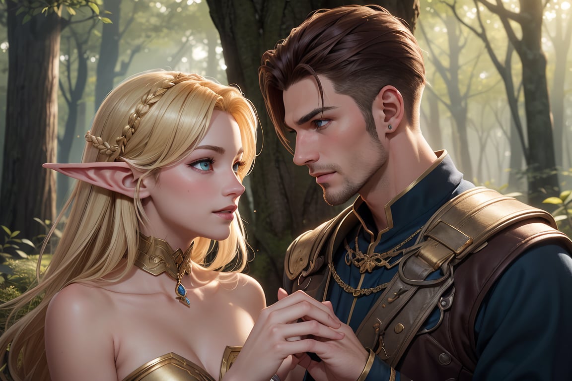 In a mystical forest glade,  an ethereal gold-blonde elf woman with piercing blue eyes stands tall,  her slender figure il...