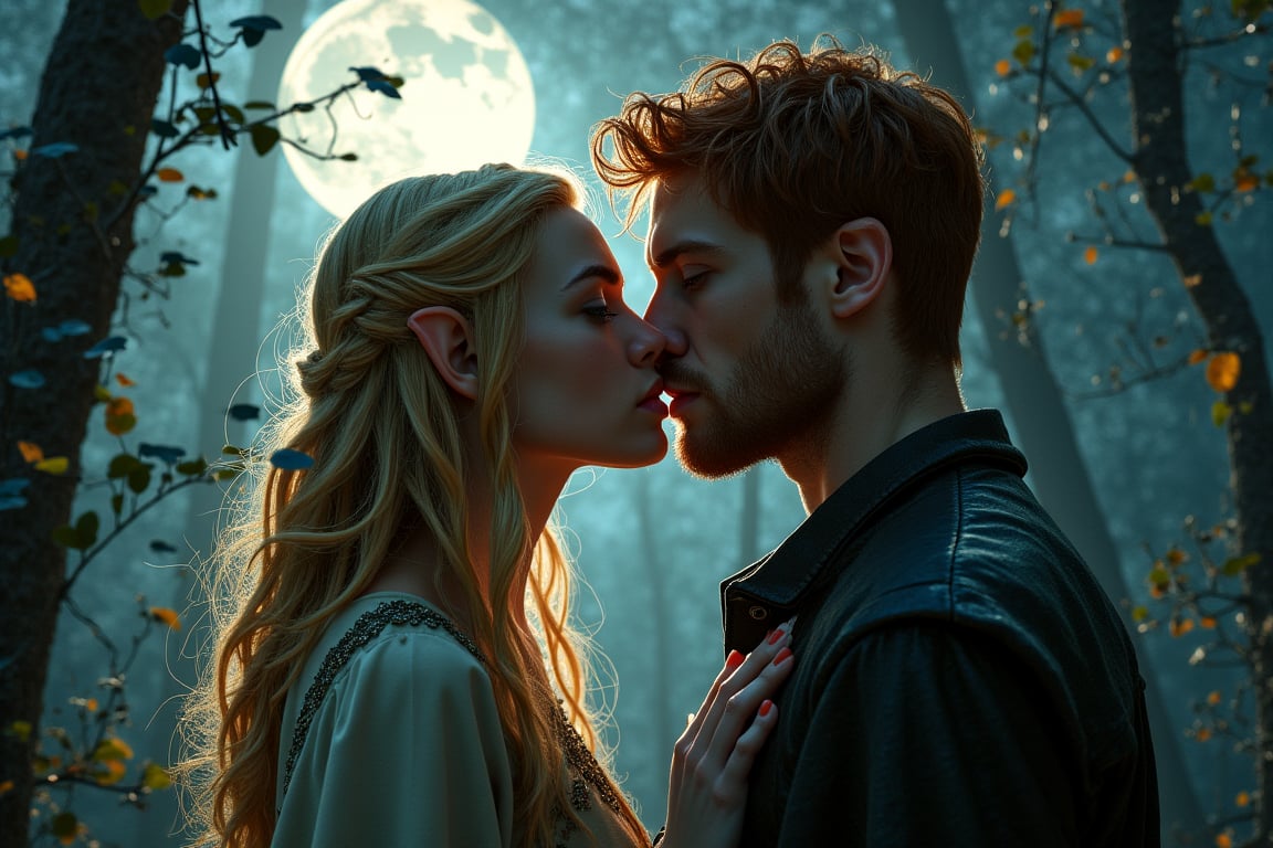 Under the silvery glow of a full moon,  a mystical forest glade is bathed in an otherworldly light. An elven (elven_ears)...