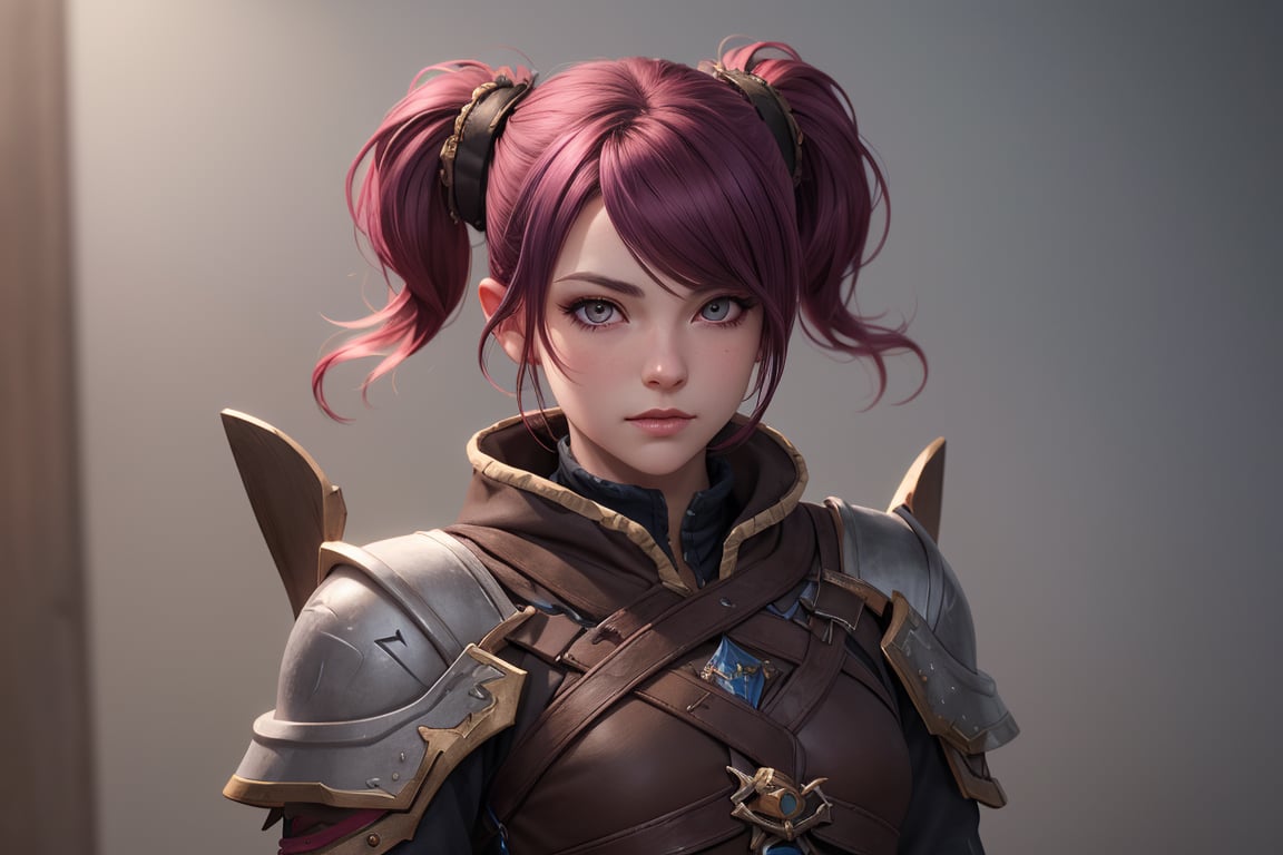 A Dwarf female character from Lineage II with dark-magenta hair in 2 ponytails and red-brown eyes. by Vai on Tensor.Art