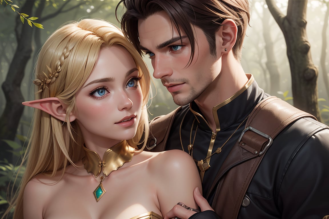 In a mystical forest glade,  an ethereal gold-blonde elf woman with piercing blue eyes stands tall,  her slender figure il...
