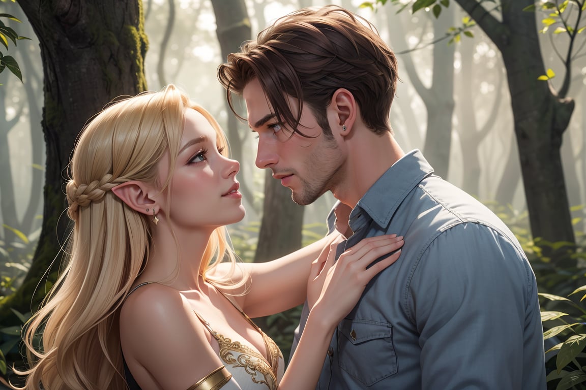 Realistic illustration: In a mystical forest glade,  an ethereal gold-blonde elf woman with piercing blue eyes stands tall...