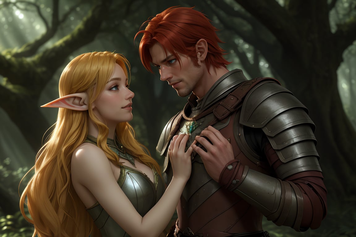 In a mystical forest glade,  an ethereal gold-blonde elf woman with piercing blue eyes stands tall,  her slender figure il...