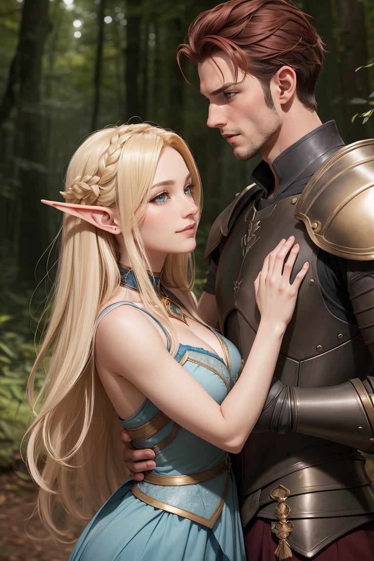 In a mystical forest glade,  an ethereal gold-blonde elf woman with piercing blue eyes stands tall,  her slender figure il...