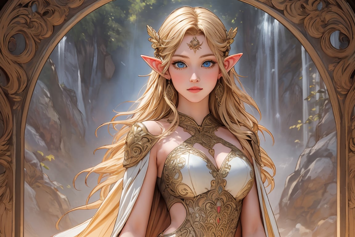 A warm golden glow illuminates the enchanted forest, casting a gentle ambiance on the cute, young blonde-haired elf woman. She is standing, her light sky-blue eyes scanning the surroundings with quiet determination. She has long free hair and the fringe part at the right side of her face. She wears a light-weight leather armor, adorned with intricate details and filigree decorations that reflect her high social status. Her body is slightly musculated, and she poses in contrapposto. Far in the background, we might see a high waterfall. Long shot,renaissance,MUGODDESS