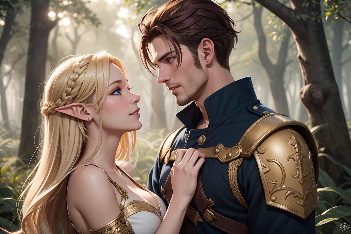 Realistic illustration: In a mystical forest glade,  an ethereal gold-blonde elf woman with piercing blue eyes stands tall...