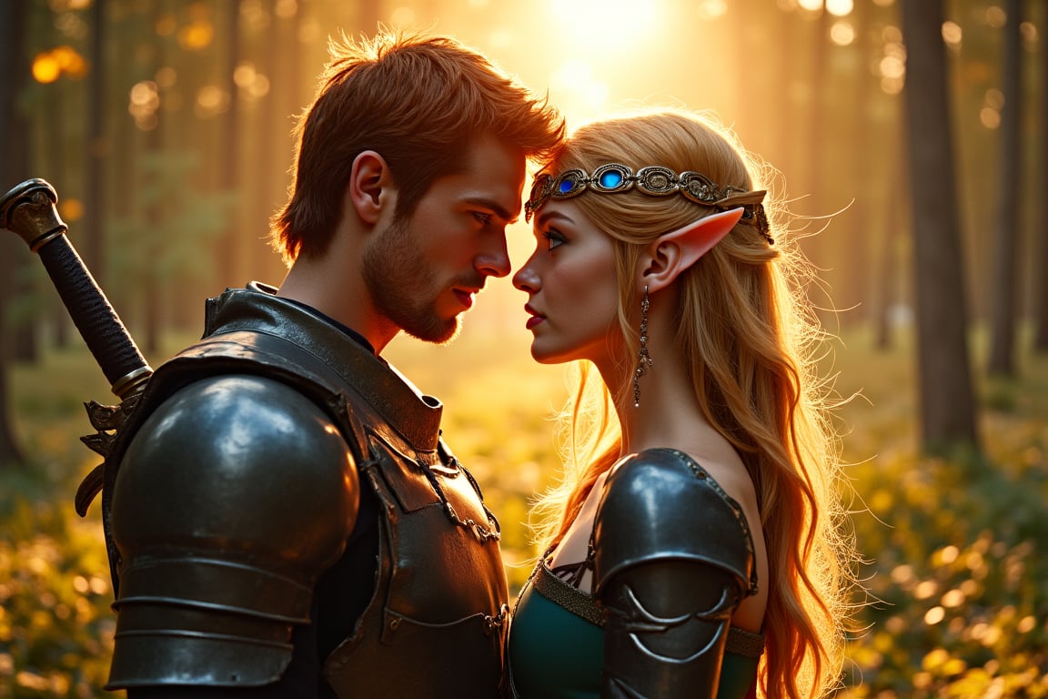A majestic scene unfolds: a golden sunrise casts a warm glow on the lush forest landscape. The gold-blonde elf warrior pri...