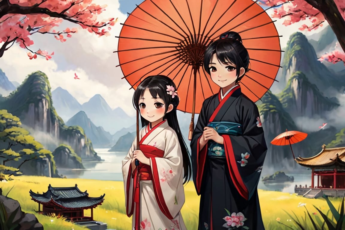 A young girl with sleek black hair and a bright smile gazes out at the scene,  her traditional Chinese robes flowing behin...