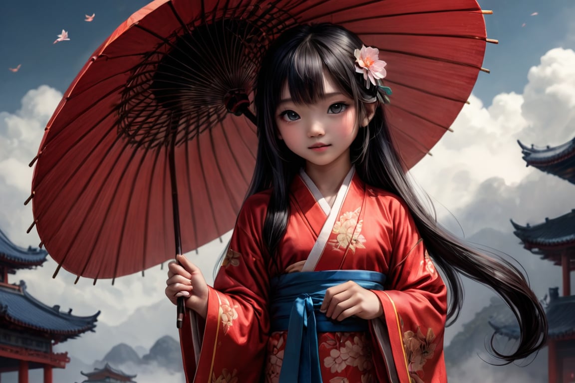 A young girl with sleek black hair and a bright smile gazes out at the scene,  her traditional Chinese robes flowing behin...