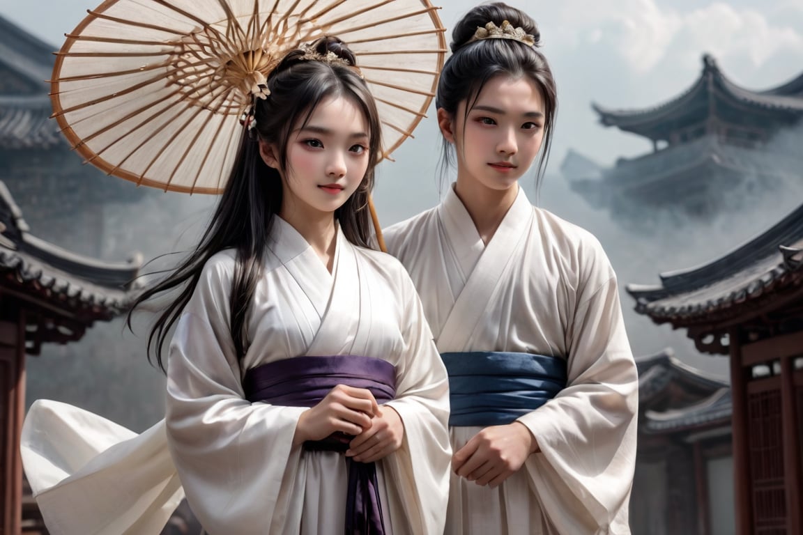A young girl with sleek black hair and a bright smile gazes out at the scene,  her traditional white Chinese robes flowing...