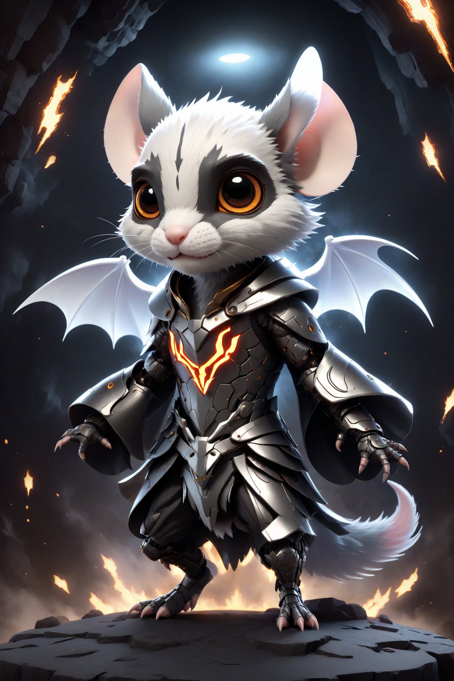 chibi, full body, cyborg mouse half body image,(Action Pose: 1.4), ((horror )), king of hell, highly detailed clothes, ((in dark hell)), large devil's wings , big body, ray tracing, with eerie white light penetrating and gradient shadows , (magic mysterious background, glowing particles, ethereal fog, faint darkness), hyper realistic cover photo awesome full color,chibi style,3d style,cyborg style