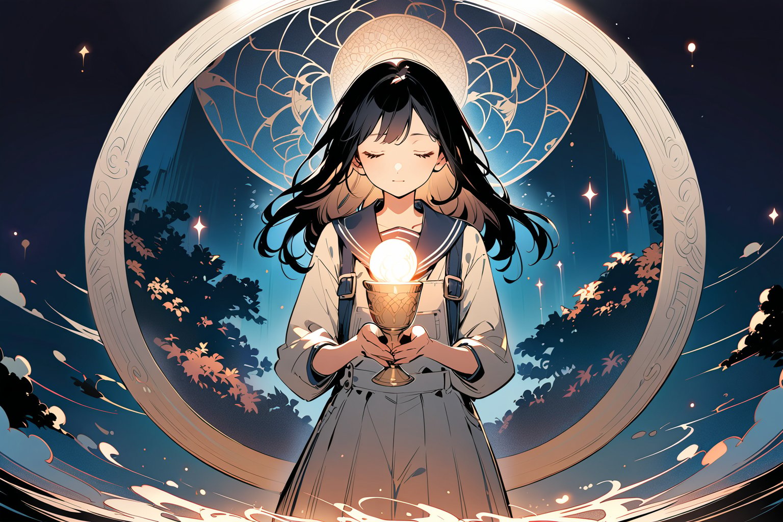 A serene anime girl with long black hair and closed eyes,  wearing a traditional Japanese school uniform with a dark blue...