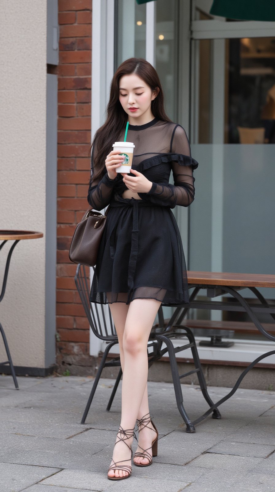 A 25-year-old Asian woman, beautiful, drinking starbucks coffee, Transparent material cut-out dress, long legs lace-up sandals