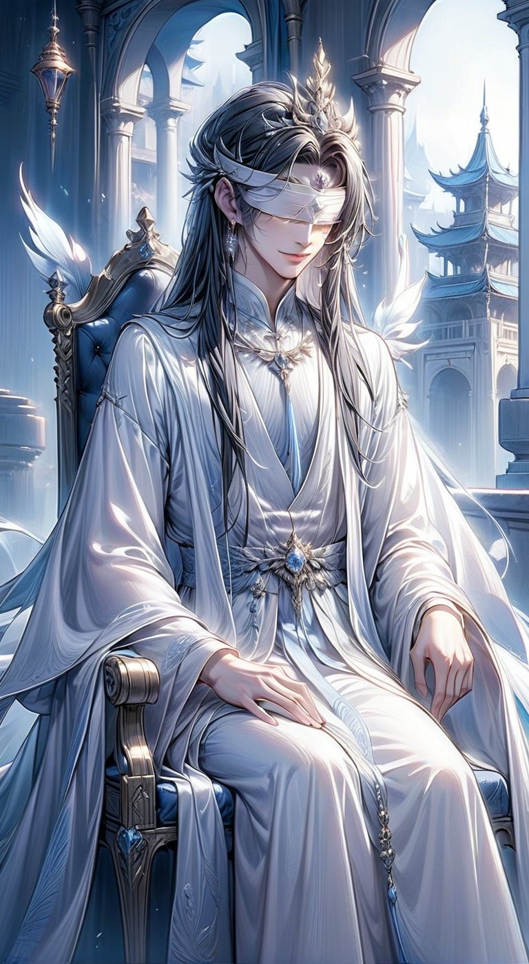 Beautiful, soft light, (beautiful and delicate eyes), very detailed, pale skin, (long hair), dreamy, black long hair, male 1, ((full body shot)), bangs, soft expression, height 170, elegant , Bright smile, 8k art photo, small necklace, small earrings, fantasy, jewelry, shyness, dreamy soft image, masterpiece, ultra high resolution, white clothing, white hanfu, palace, sunlight,  light, golden ray, snowy, whith tone, 1boy, hair accessories, hair ornaments, tiara, feathers, (wearing white blindfold:1.2), (BP:1.2), sitting on throne, cover eyes, close eyes, white mask, royal, man, sole male, boy