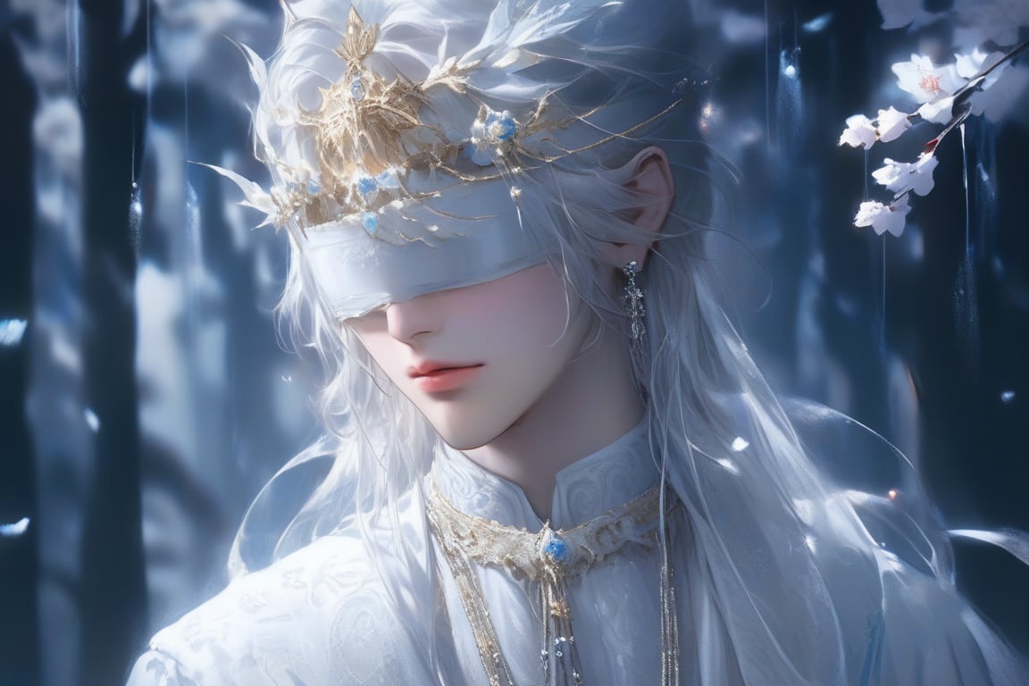 Beautiful, soft light, (beautiful and delicate eyes), very detailed, pale skin, big smile, (long hair), dreamy, male 1, sole male, posing, straight face, crown, bangs, soft expression, elegant , 8k art photo, necklaces, earrings, fantasy, jewelry, shyness, dreamy soft image, masterpiece, ultra high resolution, white clothing, white hanfu, flowers, cherry_blossoms, whith tone, 1boy, many hair ornaments, (hair ornaments:1.4), tiara, (wearing white blindfold:2), (BP:1.2),more detail XL,Gwyndolin