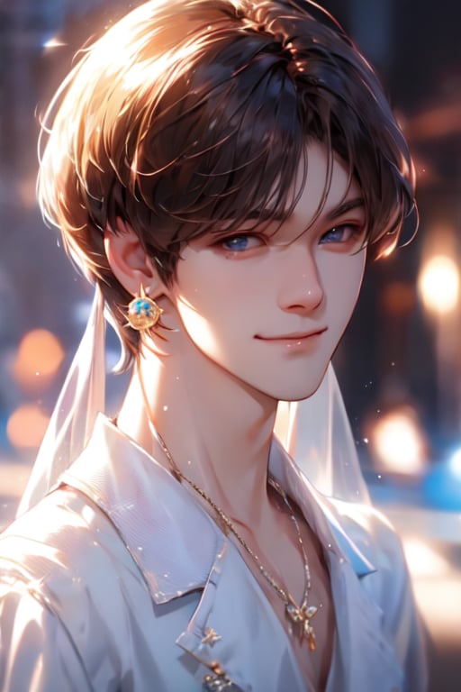 Beautiful and delicate light, (beautiful and delicate eyes), pale skin, big smile, brown eyes, black brown hair, short hair, dreamy, muscular, muscle, Asian man, bangs, soft expression, elegance, bright smile, 8k art photo, realistic concept art, realistic, portrait, small earrings, fantasy, shyness, white_shirt,More Detail, 1 boy, pov_eye_contact, black suit, handsome, cityscape, super_star,Hujie