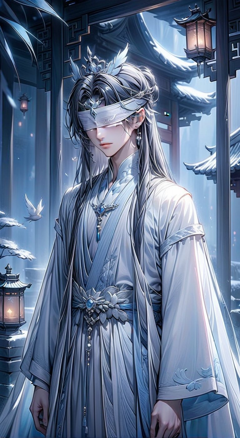 Beautiful, soft light, (beautiful and delicate eyes), very detailed, pale skin, (long hair), dreamy, black long hair, male 1, ((full body shot)), bangs, soft expression, height 170, elegant, 8k art photo, small necklace, small earrings, fantasy, jewelry, dreamy soft image, masterpiece, ultra high resolution, tear, white clothing, white hanfu, lantern, night, dark, snowy, whith tone, 1boy, hair accessories, hair ornaments, tiara, feathers, (wearing white blindfold:1.2), (BP:1.2), standing, chinese garden, ancient chinese, Asian, cover eyes, close eyes, white mask, royal, man, sole male, boy