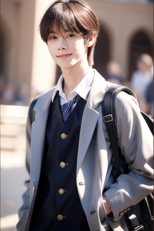 busty and handsome boy, 8k, masterpiece, ultra-realistic, best quality, high resolution, high definition, 1boy, school uniform, school boy, backpack, smile,Hujie,solo