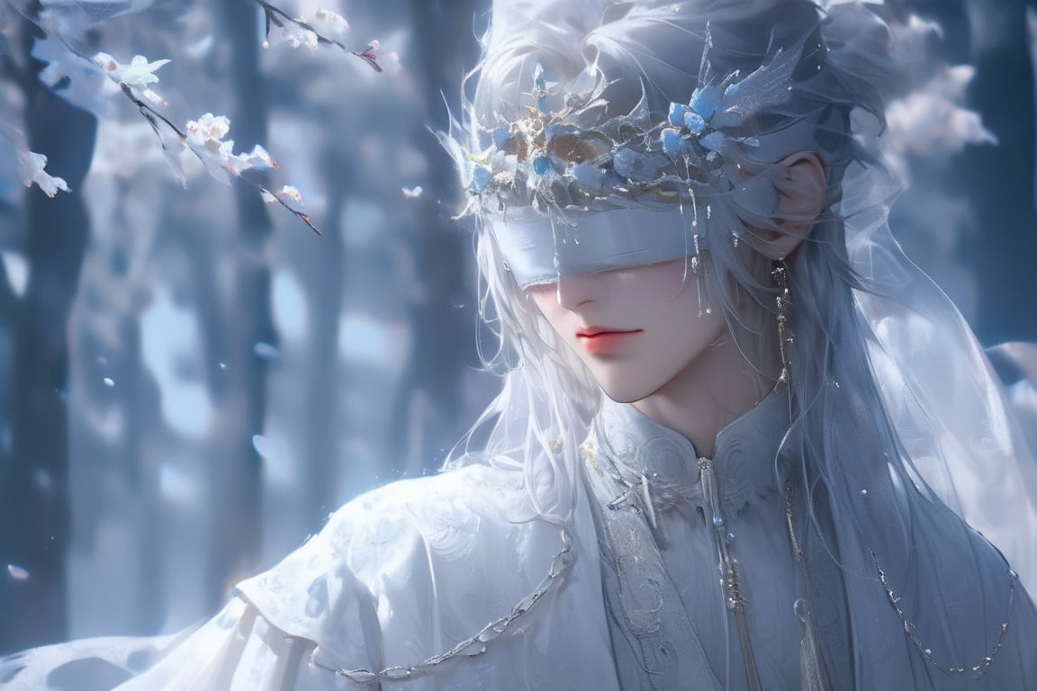 Beautiful, soft light, (beautiful and delicate eyes), very detailed, pale skin, big smile, (long hair), dreamy, male 1, sole male, posing, straight face, crown, bangs, soft expression, elegant , 8k art photo, necklaces, earrings, fantasy, jewelry, shyness, dreamy soft image, masterpiece, ultra high resolution, white clothing, white hanfu, flowers, cherry_blossoms, whith tone, 1boy, many hair ornaments, (hair ornaments:1.4), tiara, (wearing white blindfold:2), (BP:1.2),more detail XL,Gwyndolin