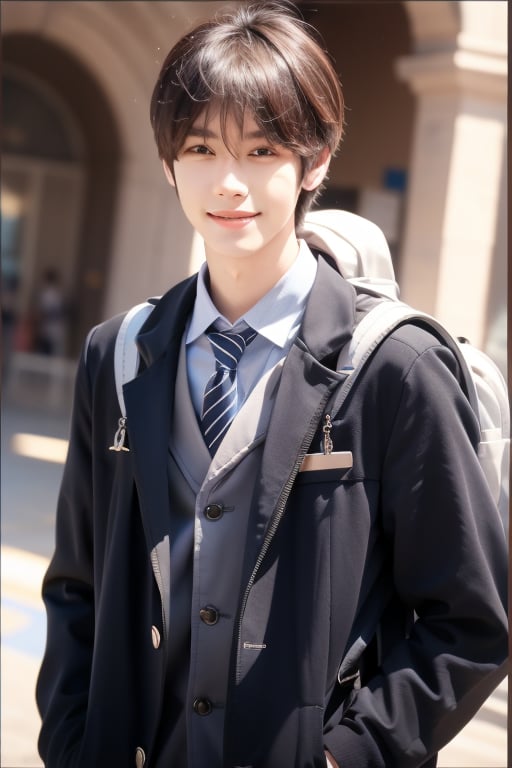 busty and handsome boy, 8k, masterpiece, ultra-realistic, best quality, high resolution, high definition, 1boy, school uniform, school boy, backpack, smile,Hujie,solo