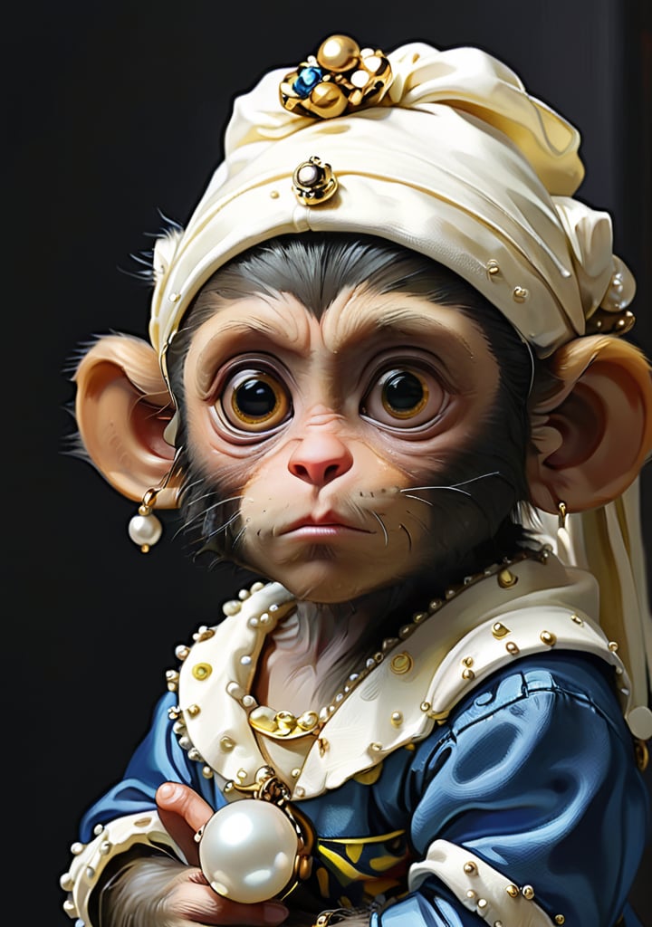 Vermeer, baby monkey with a Pearl Earring. (Masterpiece, top quality, best quality, official art, beautiful and aesthetic:1.2),(1girl:1.4), extreme detailed,(colorful:1.3),highest detailed, (cute monkey, 3year old:1.5), cute eyes, big eyes, (a sullen look:1.2), chibi,Xxmix_Catecat, ((painting on a canvas)), looking_at_viewer, front view