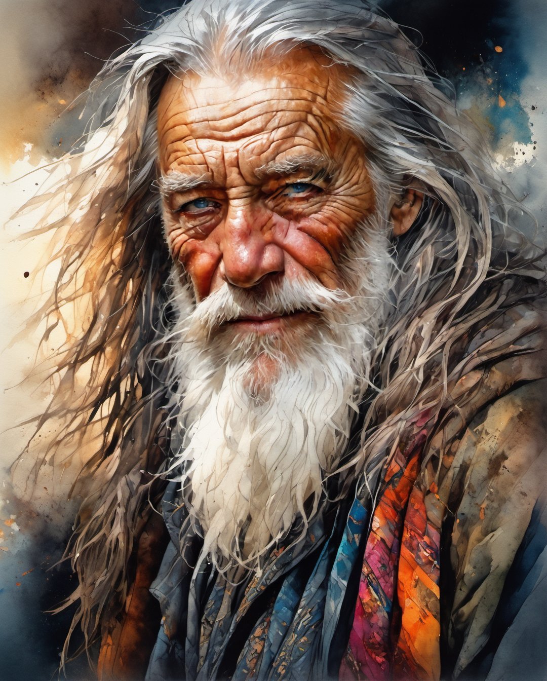 an old handsome old man with, a very strong look, chiselled face, super detailed eyes,  stylish long hair overlapping the shoulders, ((dark clothes)), highly detailed clothes in the wind, centre, look at the viewer, loving face, beautiful face, beautiful eyes, looks like a godmother, detailed digital painting bright colours used, very good lighting, dermatic backlighting, ink splish style watercolour abstract painting