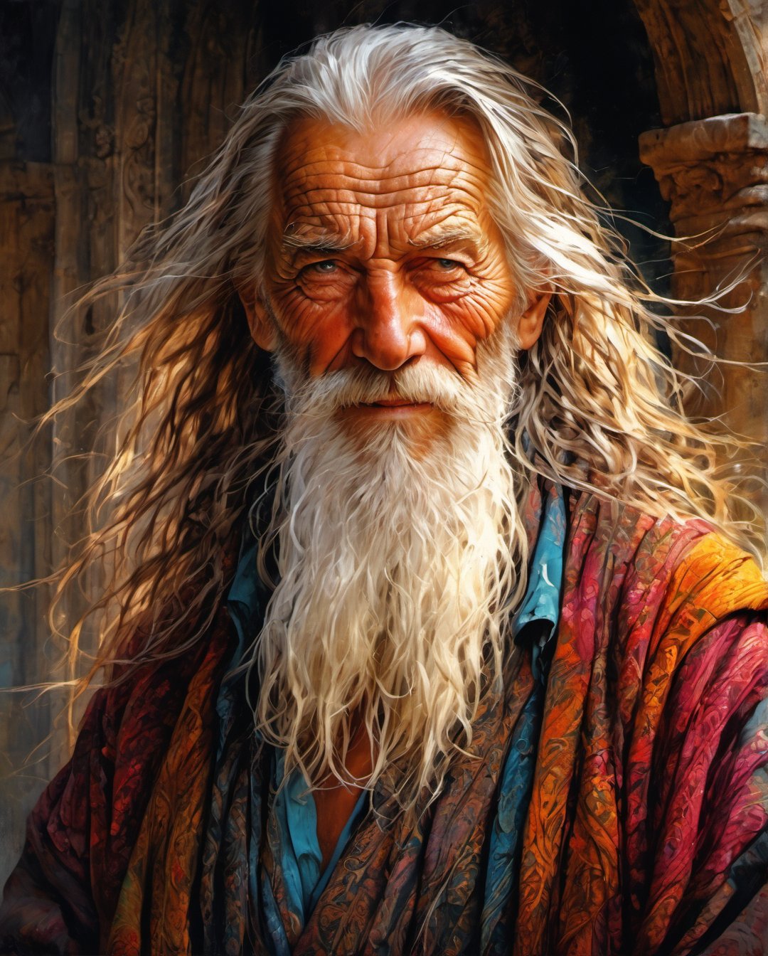 an old handsome old man with, very strong look, chiselled face, super detailed eyes,  stylish long hair overlapping the shoulders, ((dark cloths)), highly detailed cloth in the wind, centre, look at the viewer, loving face, beautiful face, beautiful eyes, looks like a godmother, detailed digital painting bright colours used, very good lighting , dermatic backlighting, 