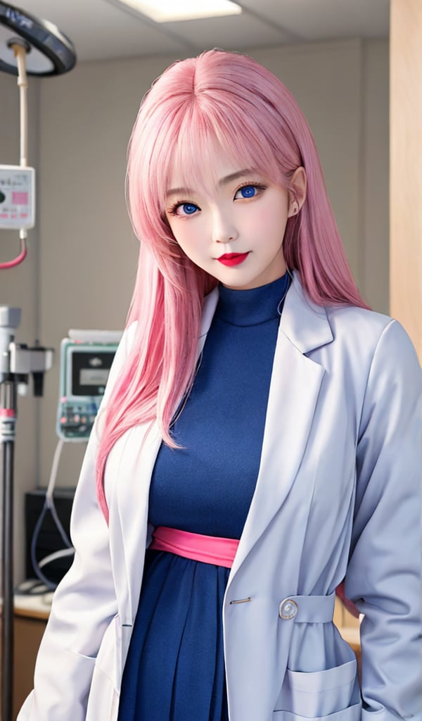 1 girl, solo, long straight, bright pink hair, bushy straight long, staring at you, blue eyes, red lips, very long hair, big breasts, ball-shaped breasts, tight waist, sweet face, beautiful Japanese woman, wearing a white coat as a female doctor and working in a hospital