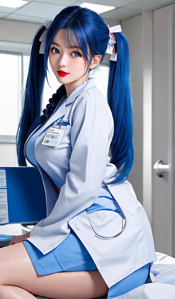 1 girl, solo, long side-top pigtails, bright blue hair, bushy pigtails, staring at you, blue eyes, red lips, very long hair, big breasts, ball-shaped breasts, tight waist, sweet face, beautiful Japanese woman, wearing a white coat as a female doctor and working in a hospital